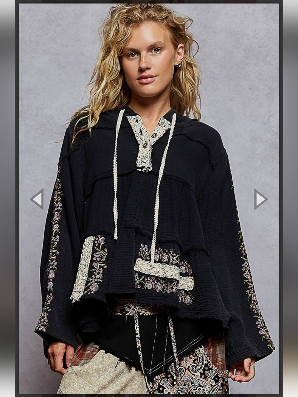 NEW!! POL Black Embroidered Hoodie Top with Cream Trim, NWT